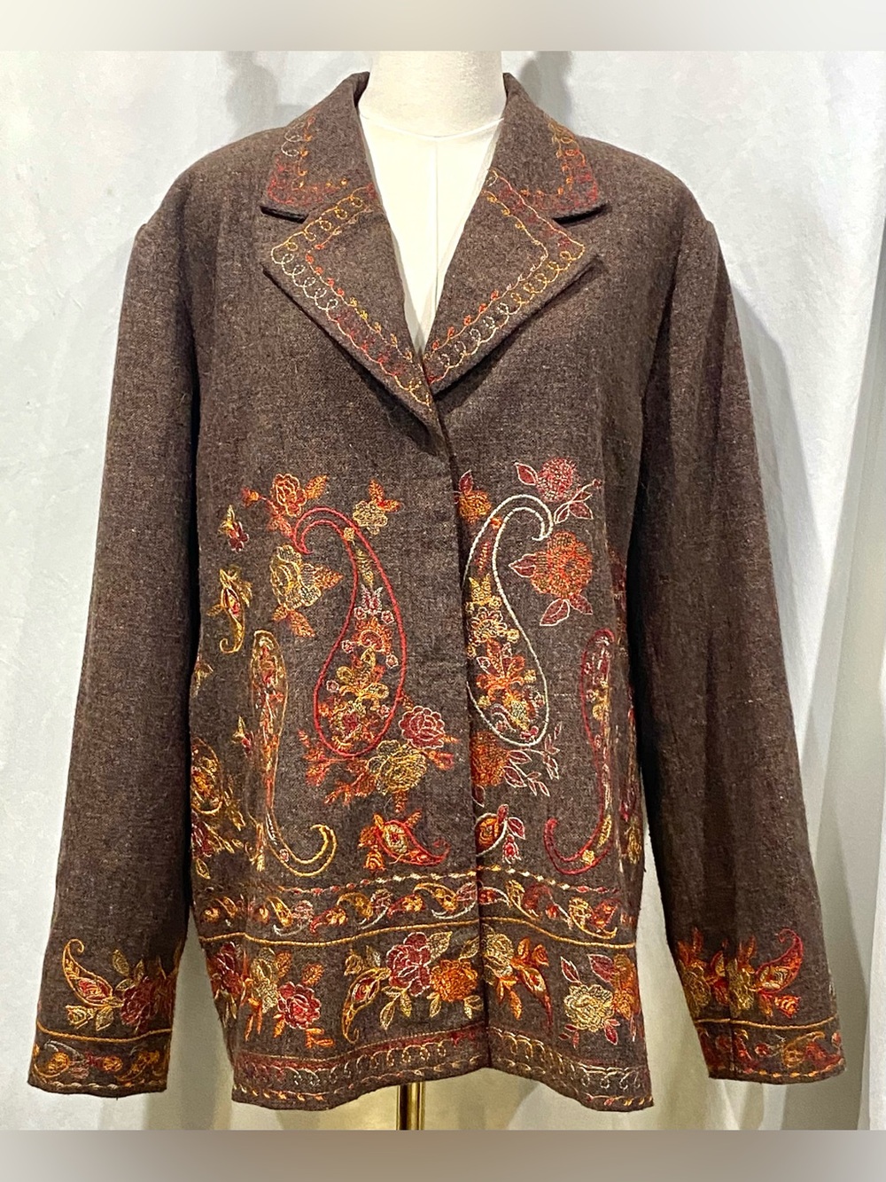 Coldwater Creek Brown Wool-Blend Embroidered Paisley Jacket